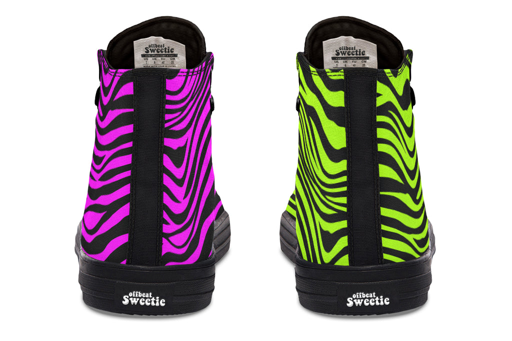 Green and Fuchsia Mismatched Neon Zebra High Tops