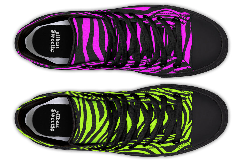 Green and Fuchsia Mismatched Neon Zebra High Tops