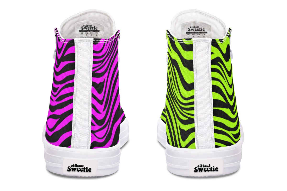 Green and Fuchsia Mismatched Neon Zebra High Tops (Wide)