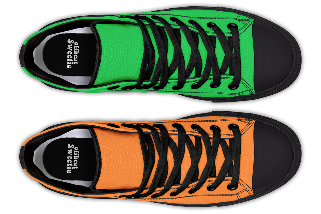 Orange and Green Mismatch High Tops - Offbeat Sweetie