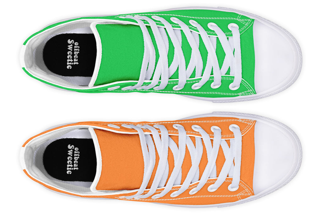 Orange and Green Mismatch High Tops - Offbeat Sweetie