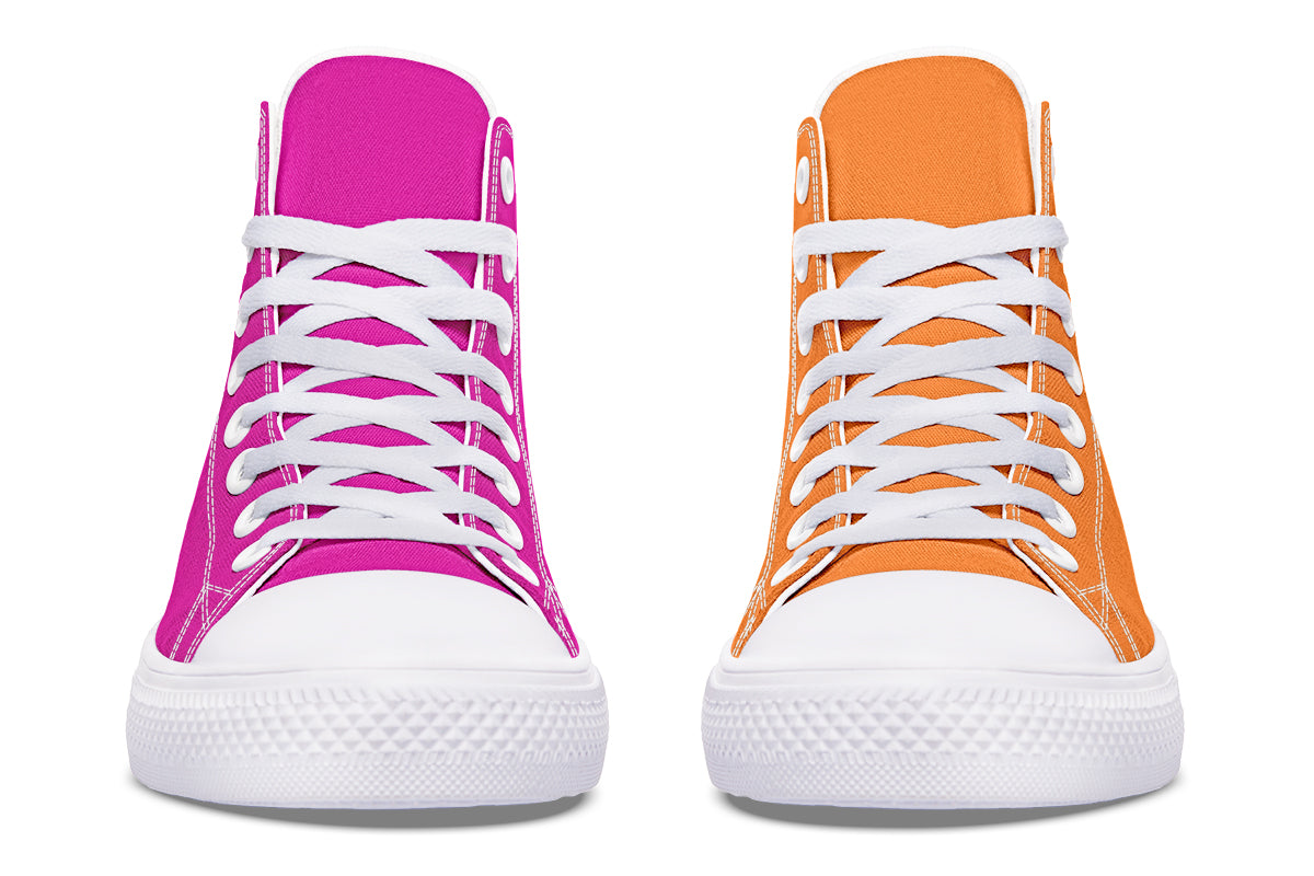 Pink And Orange Mismatch High Tops - Offbeat Sweetie