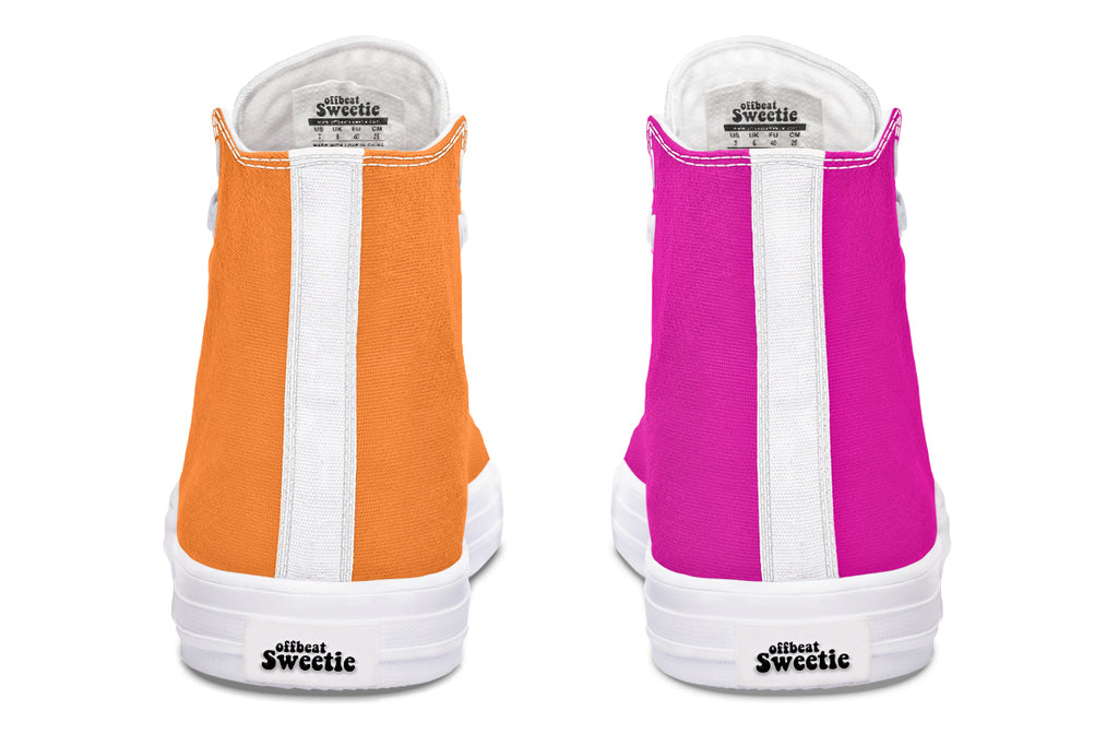 Pink And Orange Mismatch High Tops - Offbeat Sweetie