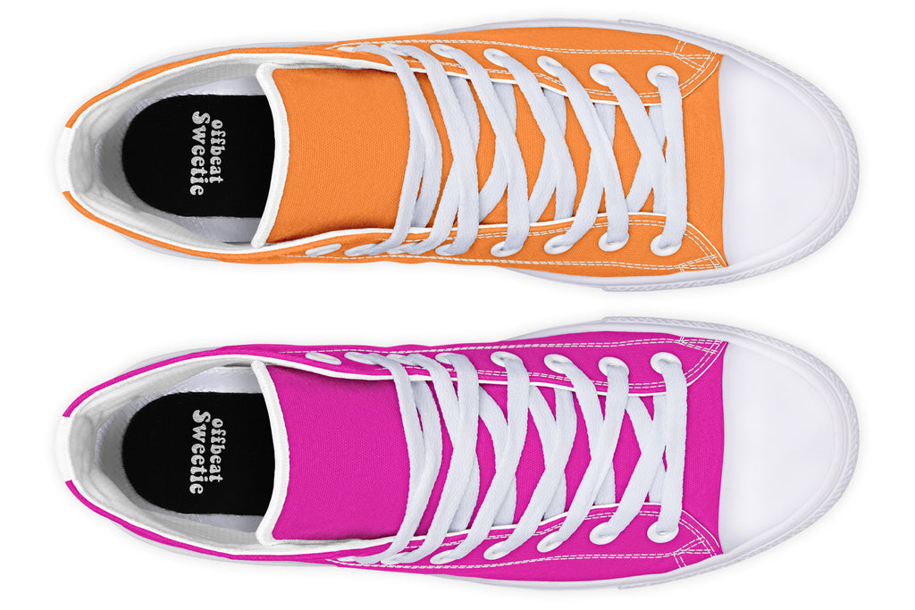 Pink And Orange Mismatch High Tops - Offbeat Sweetie