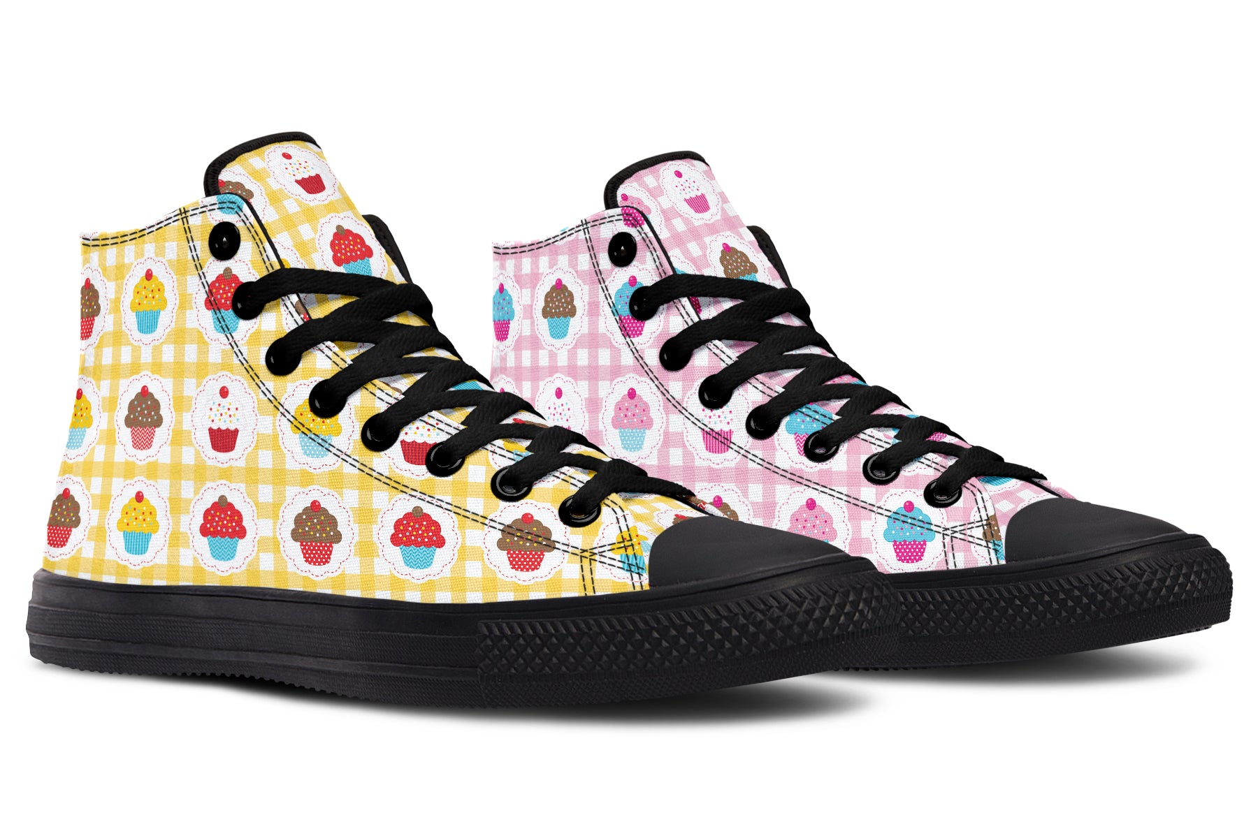 Pink And Yellow Mismatch Gingham Cupcakes High Tops