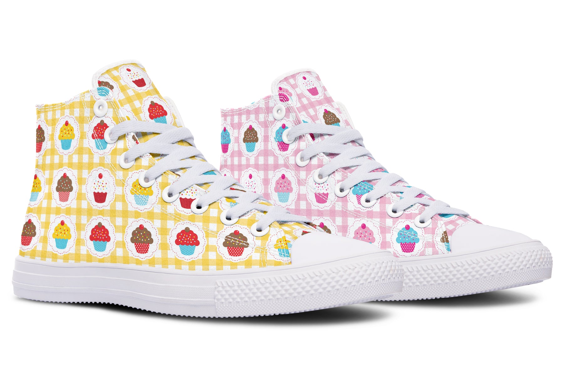 Pink And Yellow Mismatch Gingham Cupcakes High Tops