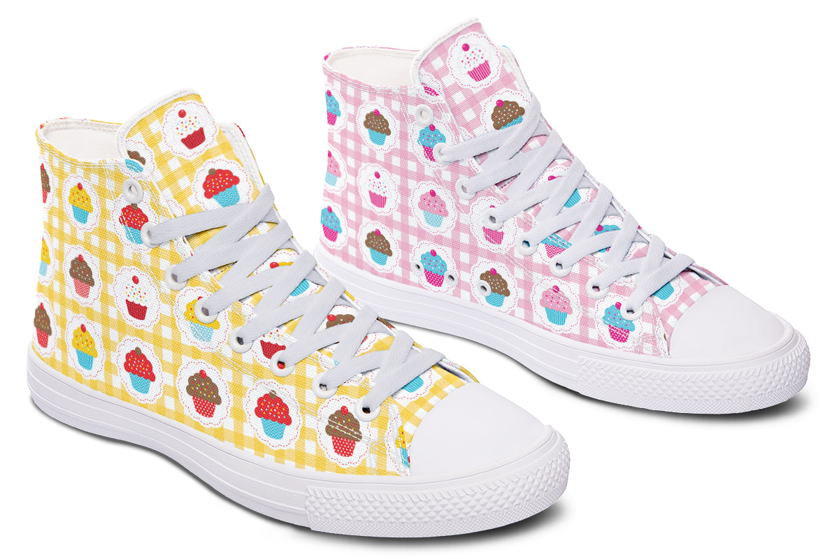 Pink And Yellow Mismatch Gingham Cupcakes High Tops (Wide)