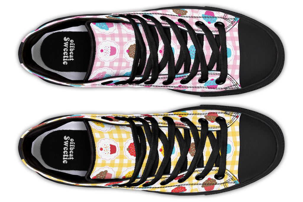 Pink And Yellow Mismatch Gingham Cupcakes High Tops (Wide)