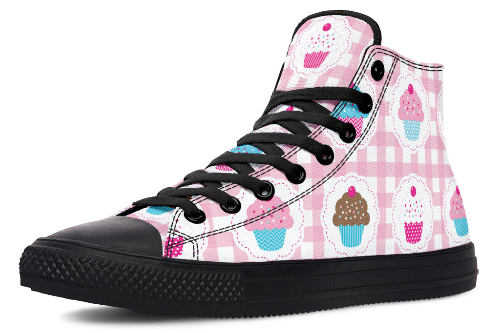 Pink And Yellow Mismatch Gingham Cupcakes High Tops (Wide)