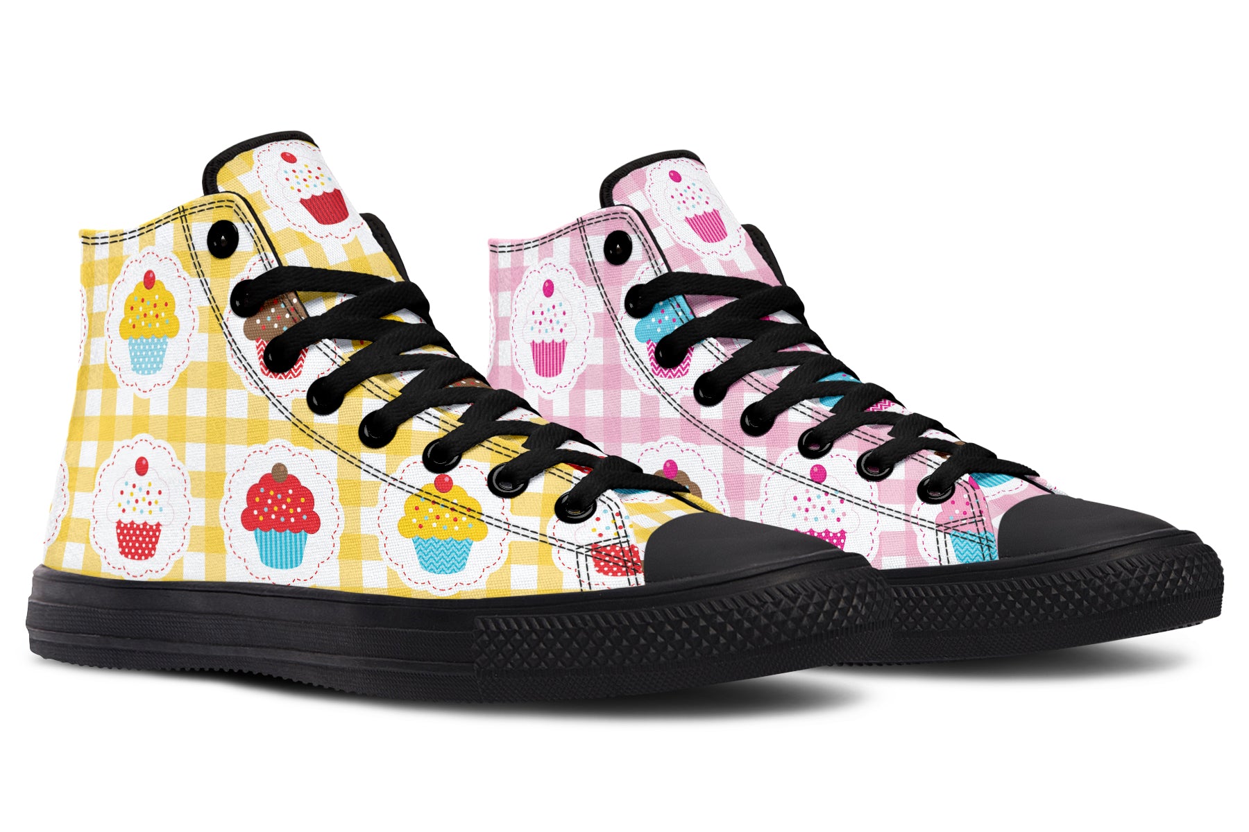 Pink And Yellow Mismatch Gingham Cupcakes High Tops (Wide)