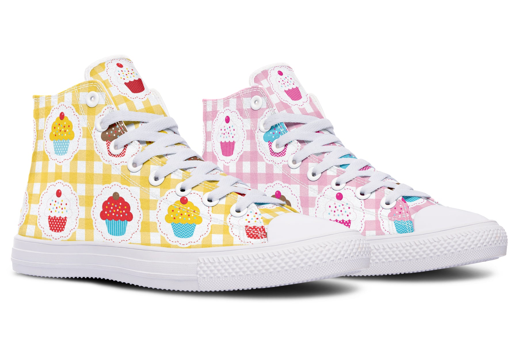Pink And Yellow Mismatch Gingham Cupcakes High Tops (Wide)