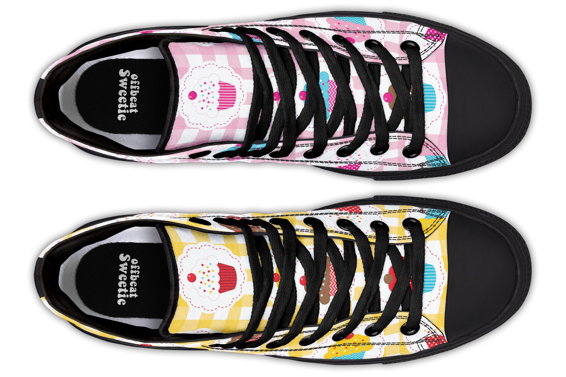 Pink And Yellow Mismatch Gingham Cupcakes High Tops (Wide)