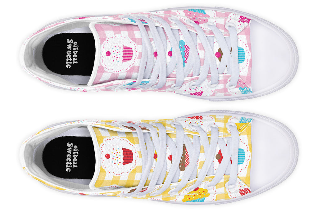 Pink And Yellow Mismatch Gingham Cupcakes High Tops (Wide)