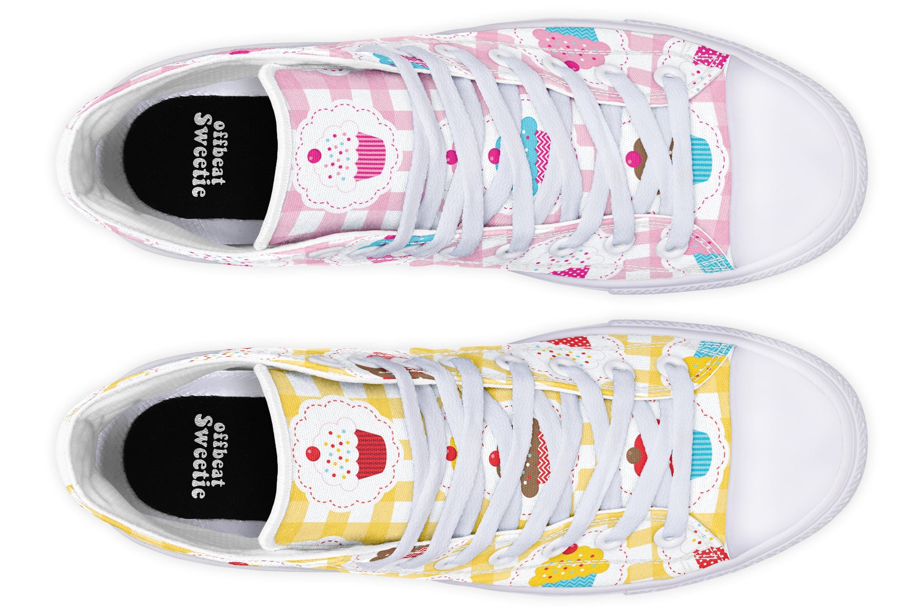 Pink And Yellow Mismatch Gingham Cupcakes High Tops (Wide)