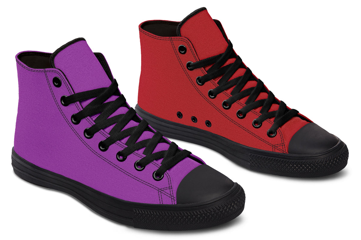 Purple And Red Mismatch High Tops - Offbeat Sweetie