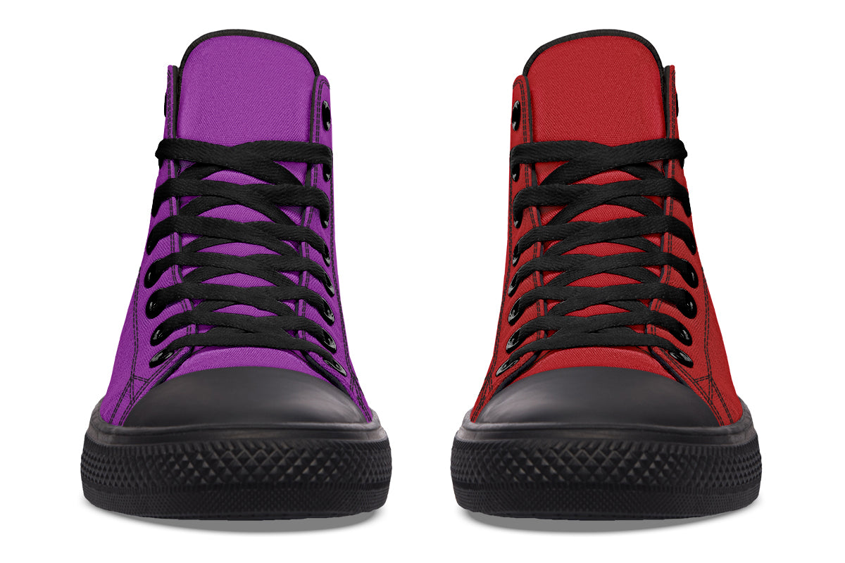 Purple And Red Mismatch High Tops - Offbeat Sweetie