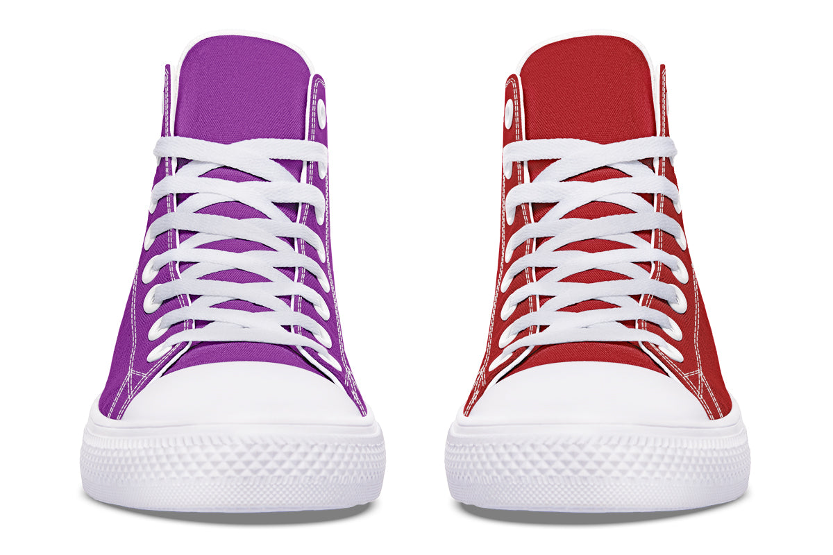 Purple And Red Mismatch High Tops - Offbeat Sweetie