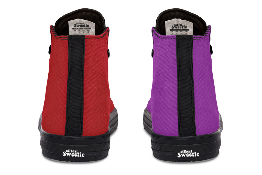 Purple And Red Mismatch High Tops - Offbeat Sweetie