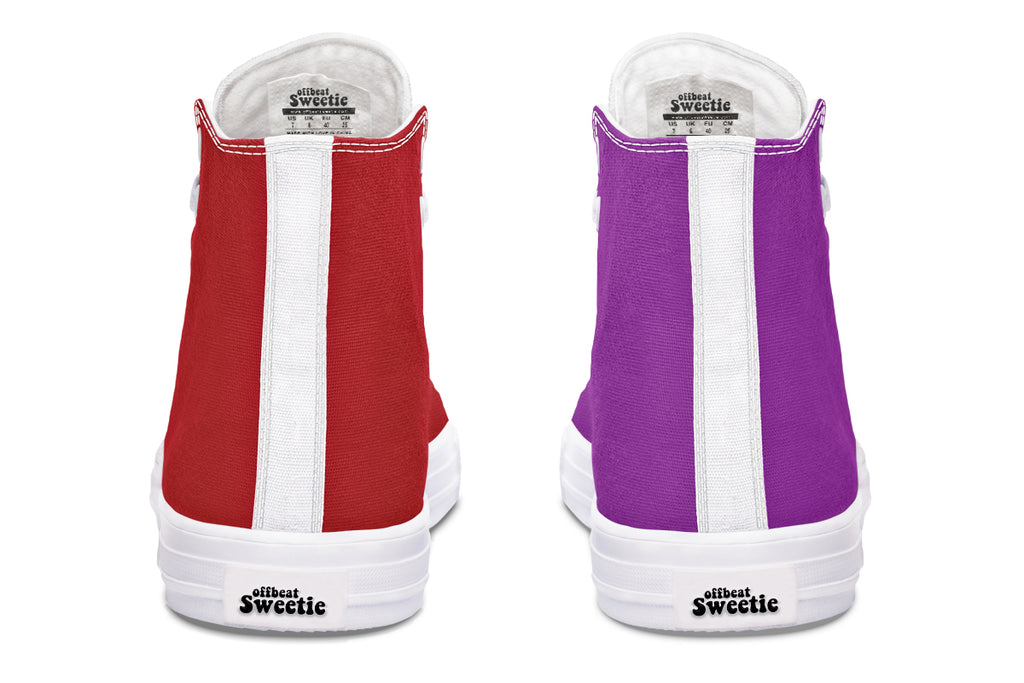 Purple And Red Mismatch High Tops - Offbeat Sweetie