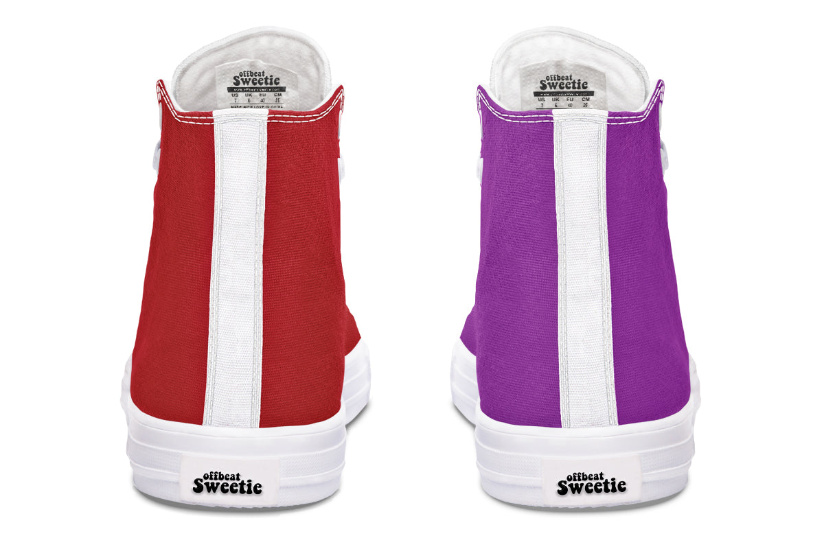 Purple And Red Mismatch High Tops - Offbeat Sweetie