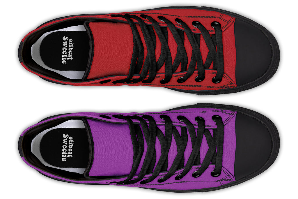 Purple And Red Mismatch High Tops - Offbeat Sweetie