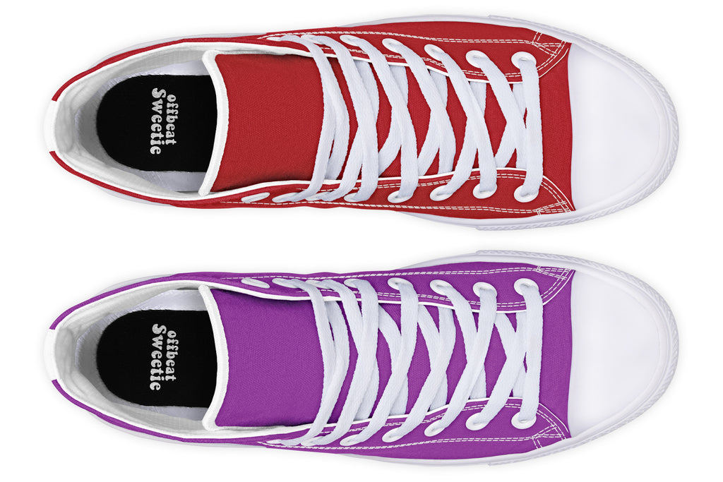 Purple And Red Mismatch High Tops - Offbeat Sweetie