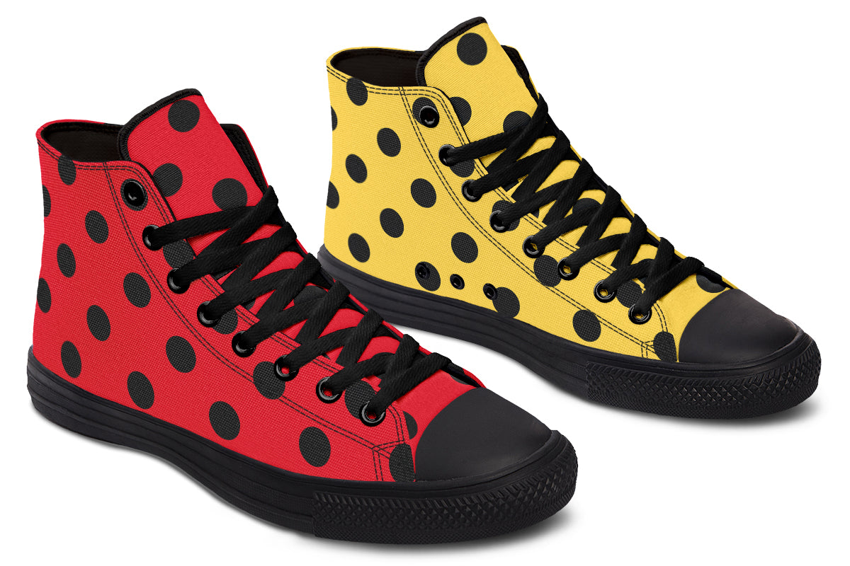 Red And Yellow Mismatched Polka Dot High Tops
