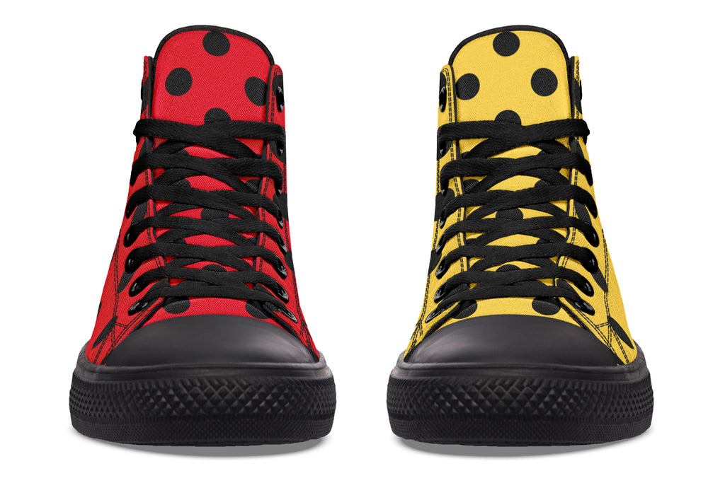Red And Yellow Mismatched Polka Dot High Tops