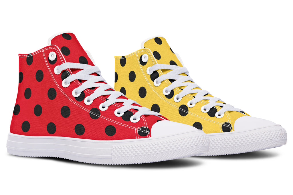 Red And Yellow Mismatched Polka Dot High Tops