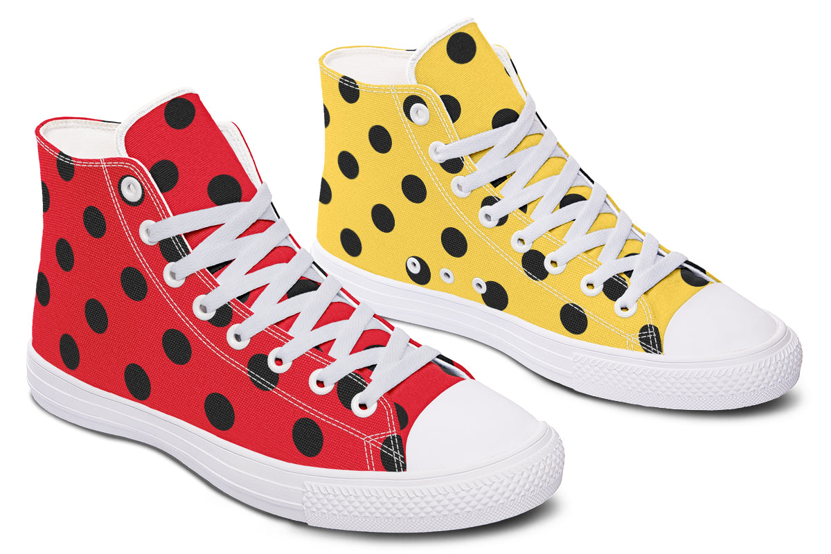 Red And Yellow Mismatched Polka Dot High Tops