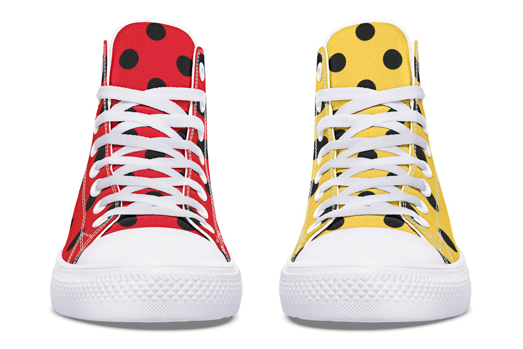 Red And Yellow Mismatched Polka Dot High Tops