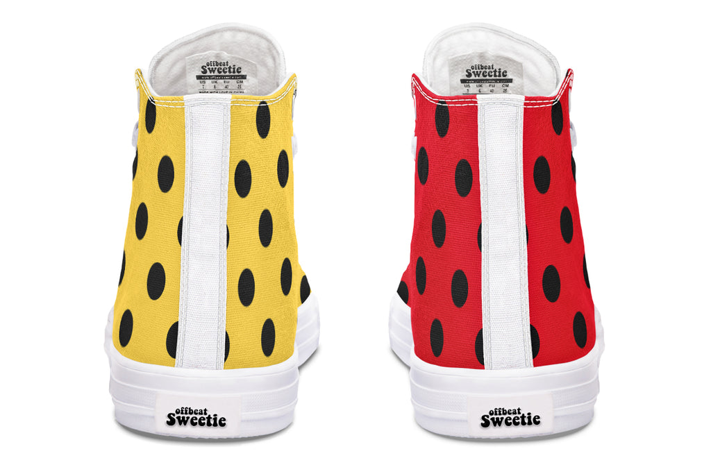 Red And Yellow Mismatched Polka Dot High Tops