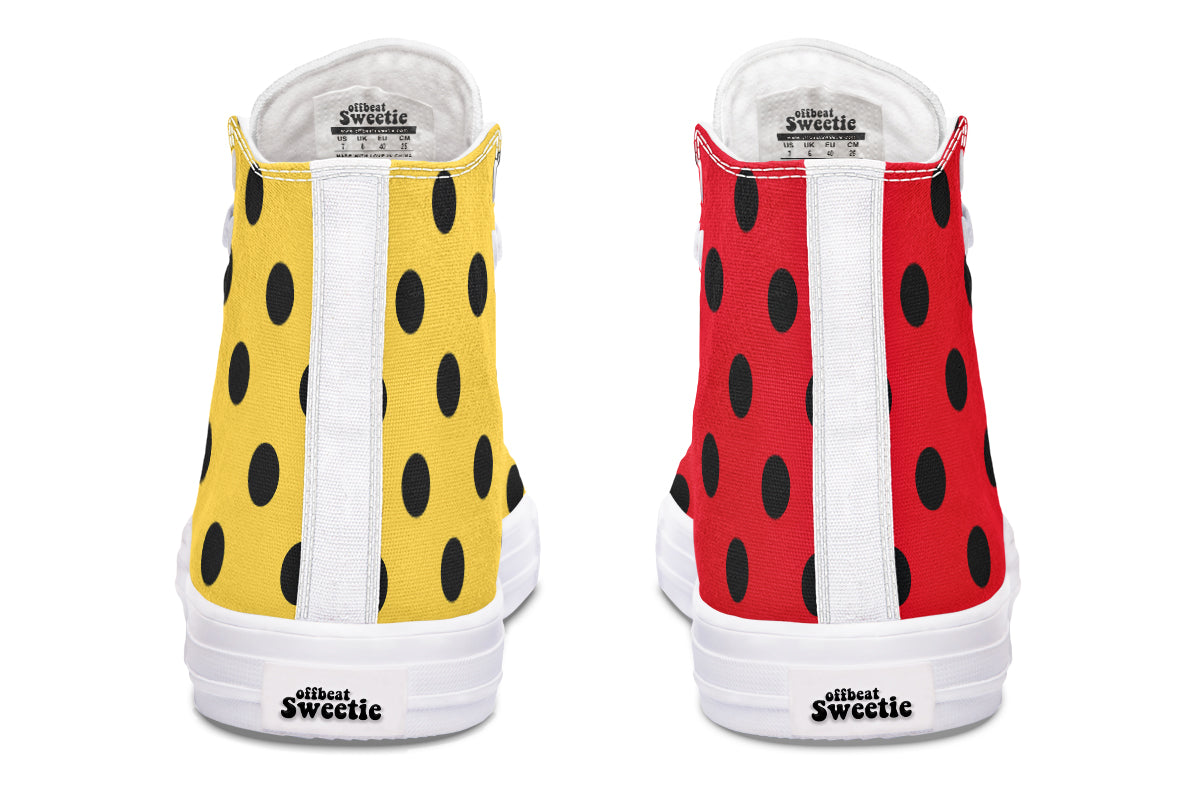 Red And Yellow Mismatched Polka Dot High Tops