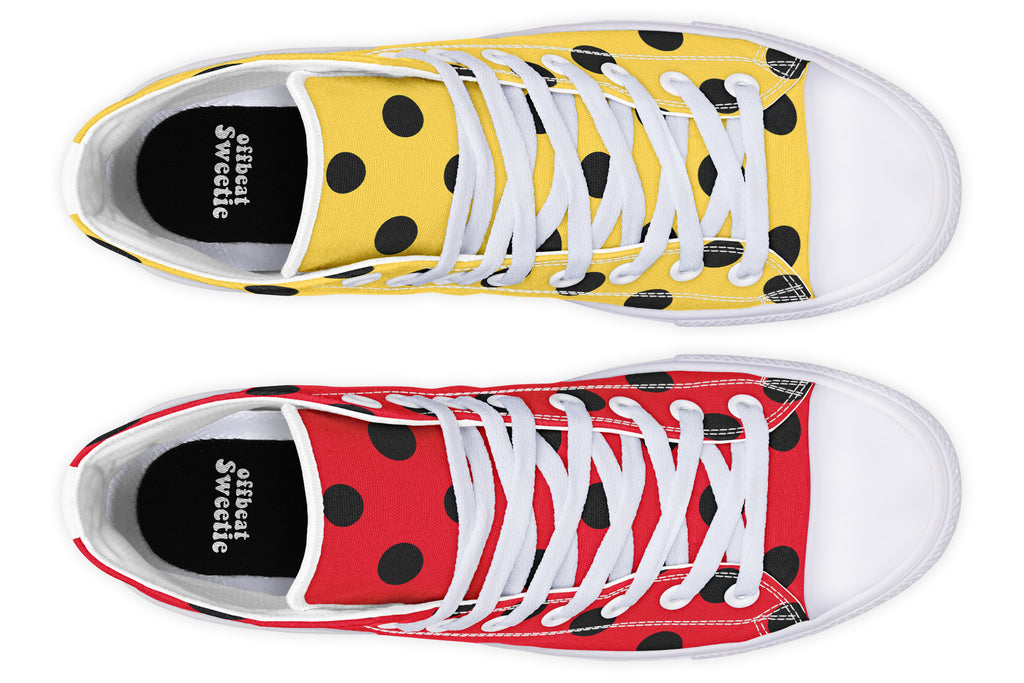Red And Yellow Mismatched Polka Dot High Tops