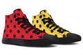 Red And Yellow Mismatched Polka Dot High Tops (Wide)