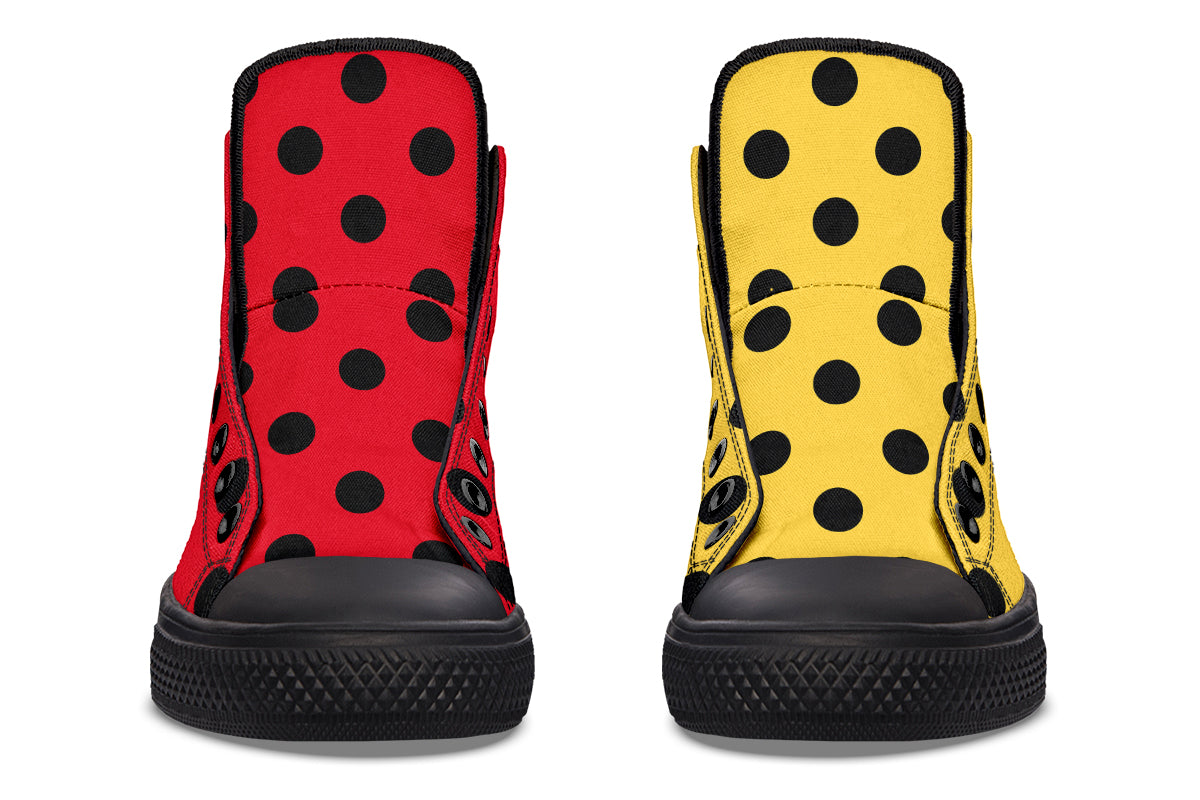 Red And Yellow Mismatched Polka Dot High Tops (Wide)