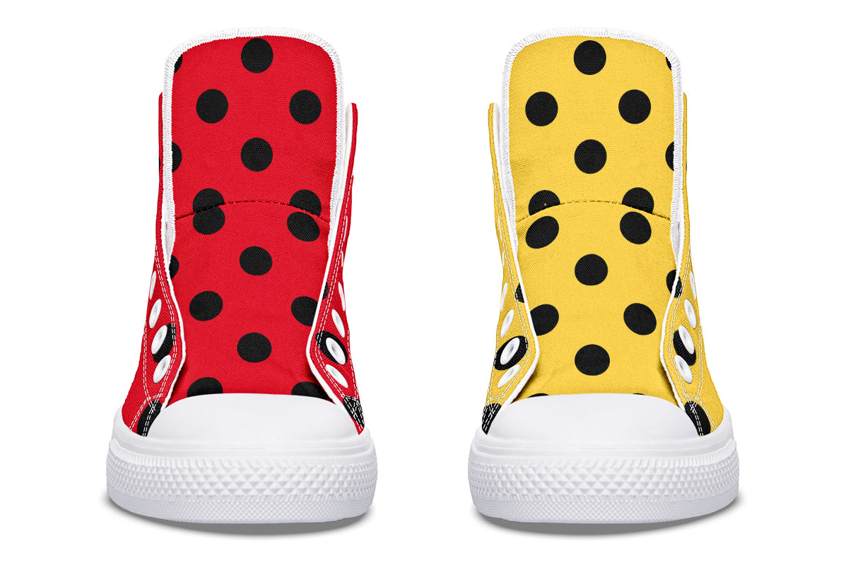 Red And Yellow Mismatched Polka Dot High Tops (Wide)