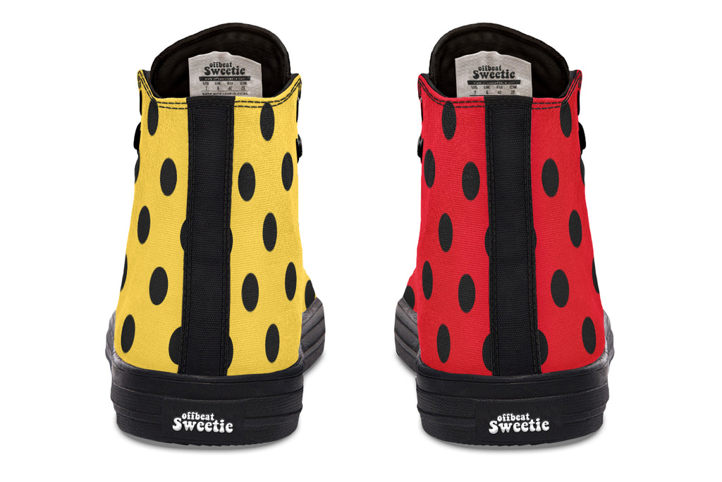 Red And Yellow Mismatched Polka Dot High Tops (Wide)