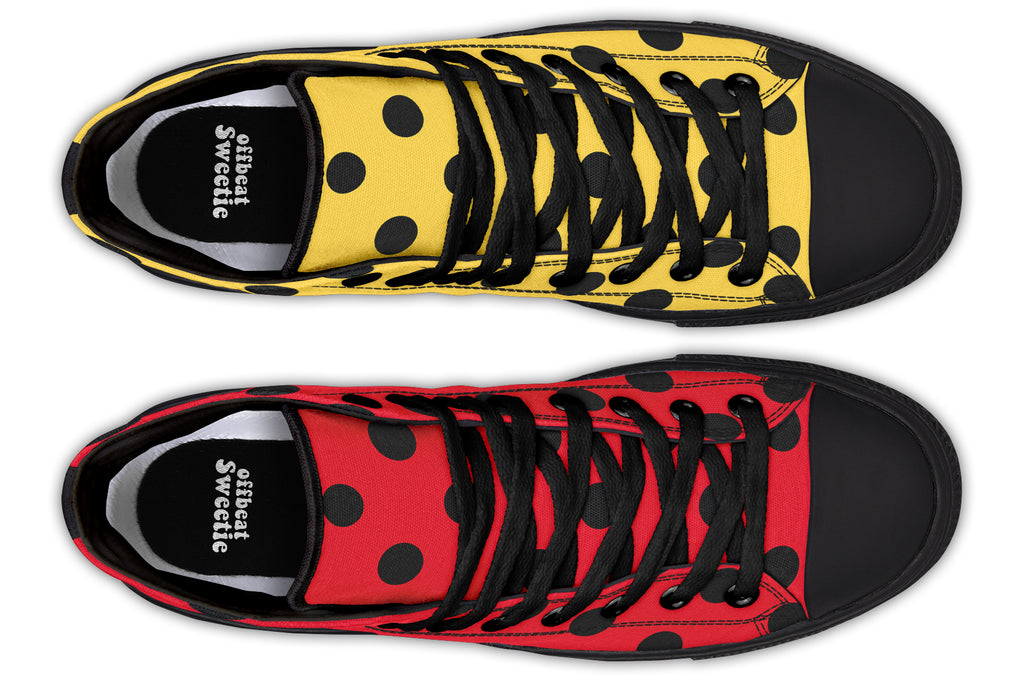 Red And Yellow Mismatched Polka Dot High Tops (Wide)
