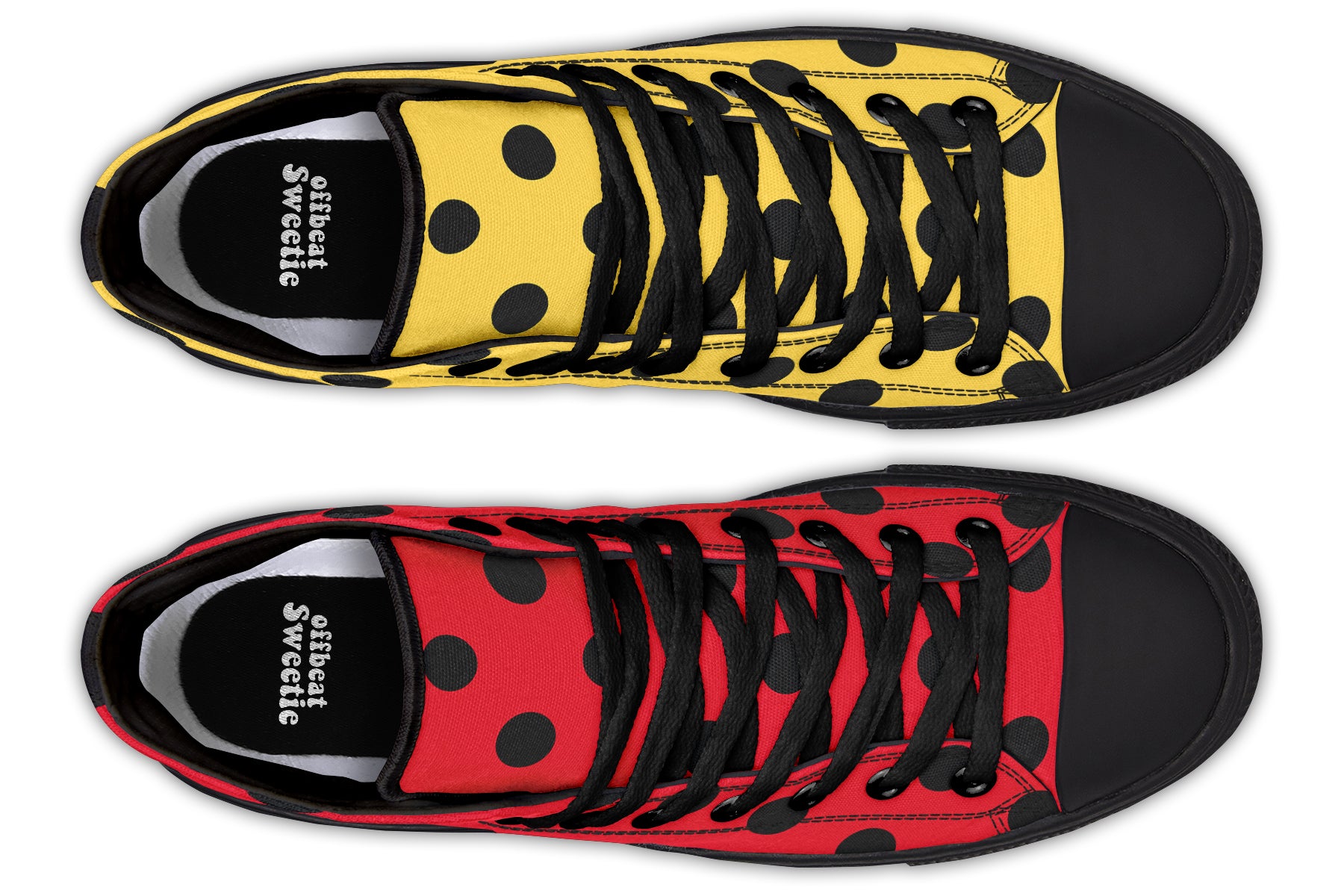 Red And Yellow Mismatched Polka Dot High Tops (Wide)
