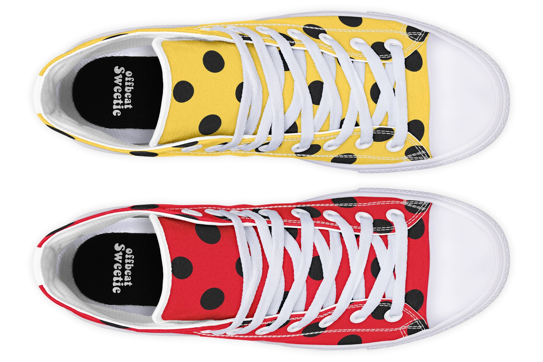 Red And Yellow Mismatched Polka Dot High Tops (Wide)