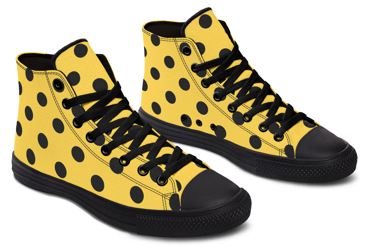 Yellow And Black Polka Dot High Tops (Wide)