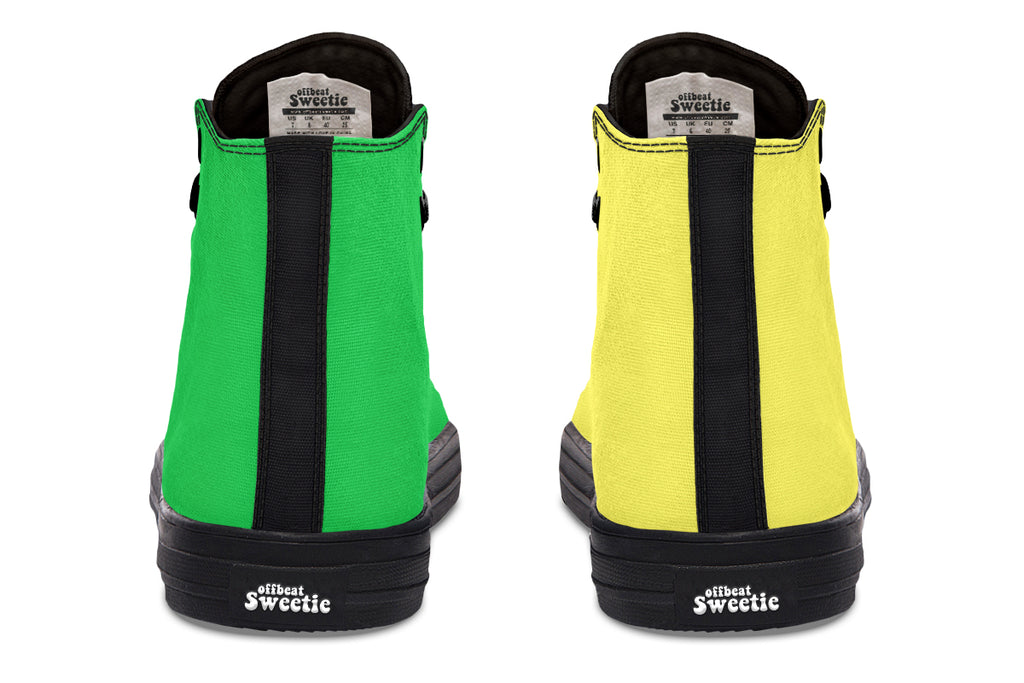 Yellow And Green Mismatch High Tops - Offbeat Sweetie