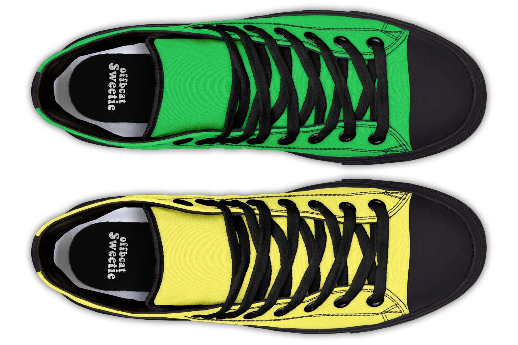 Yellow And Green Mismatch High Tops - Offbeat Sweetie
