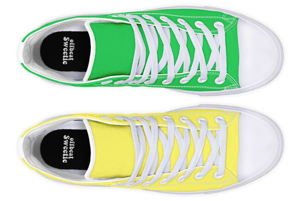 Yellow And Green Mismatch High Tops - Offbeat Sweetie