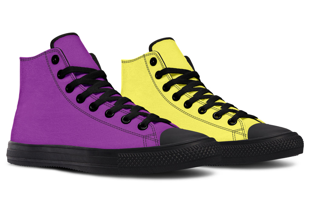 Yellow And Purple Mismatch High Tops - Offbeat Sweetie