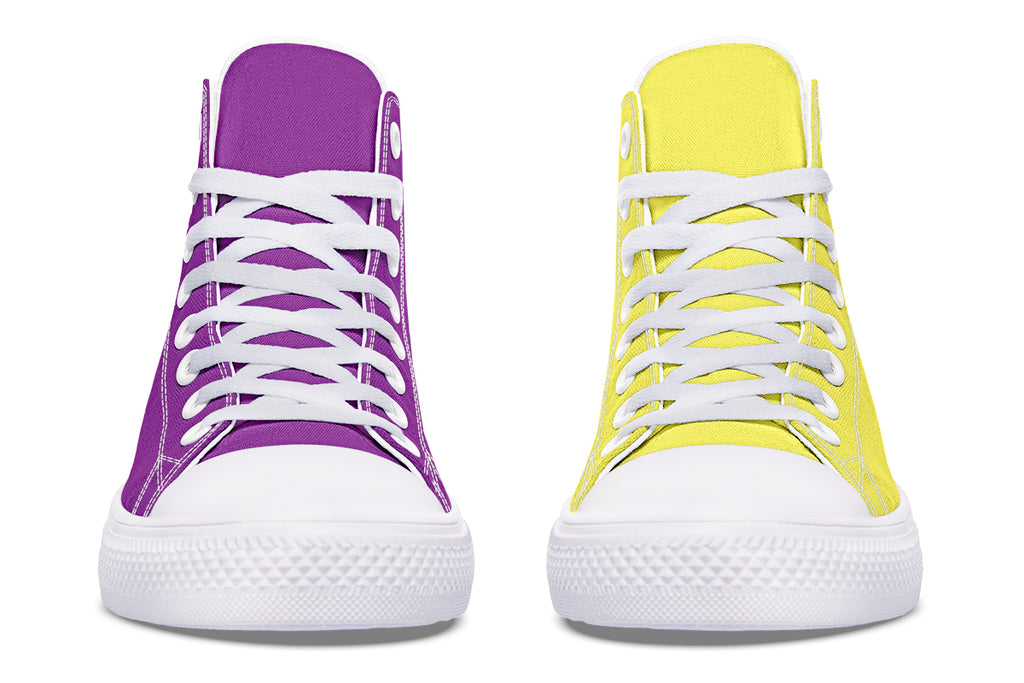 Yellow And Purple Mismatch High Tops - Offbeat Sweetie