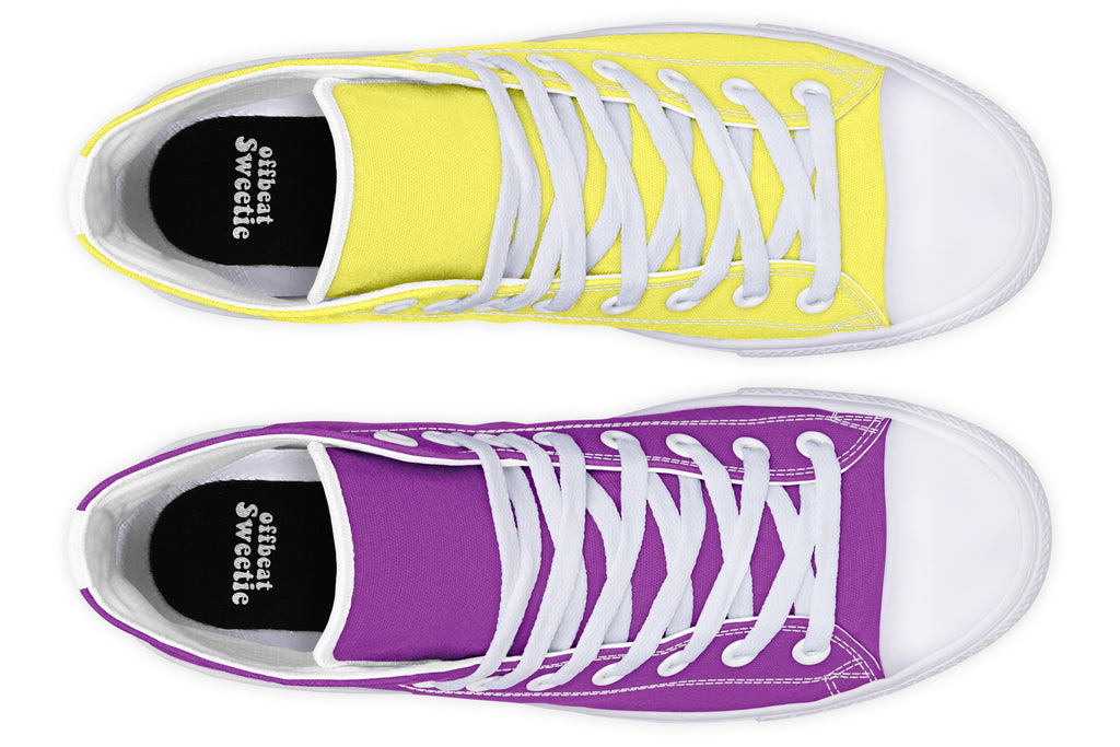 Yellow And Purple Mismatch High Tops - Offbeat Sweetie