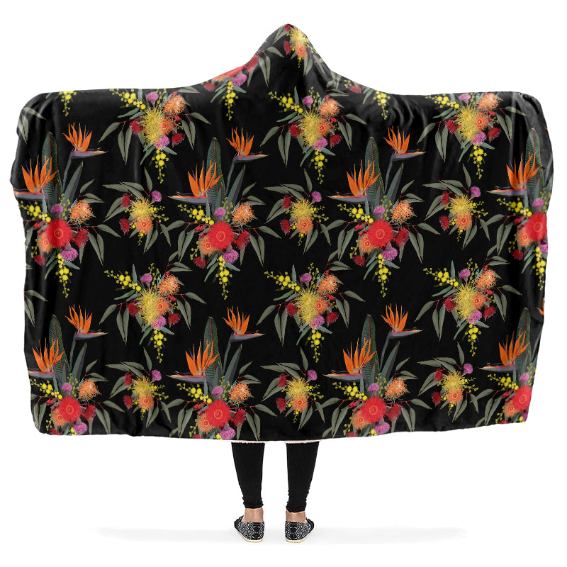 Birds Of Paradise floral-patterned hooded blanket on a black background