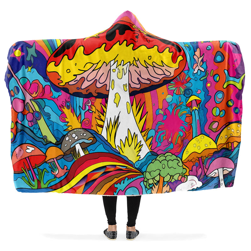 Colorful hooded blanket with psychedelic mushroom design